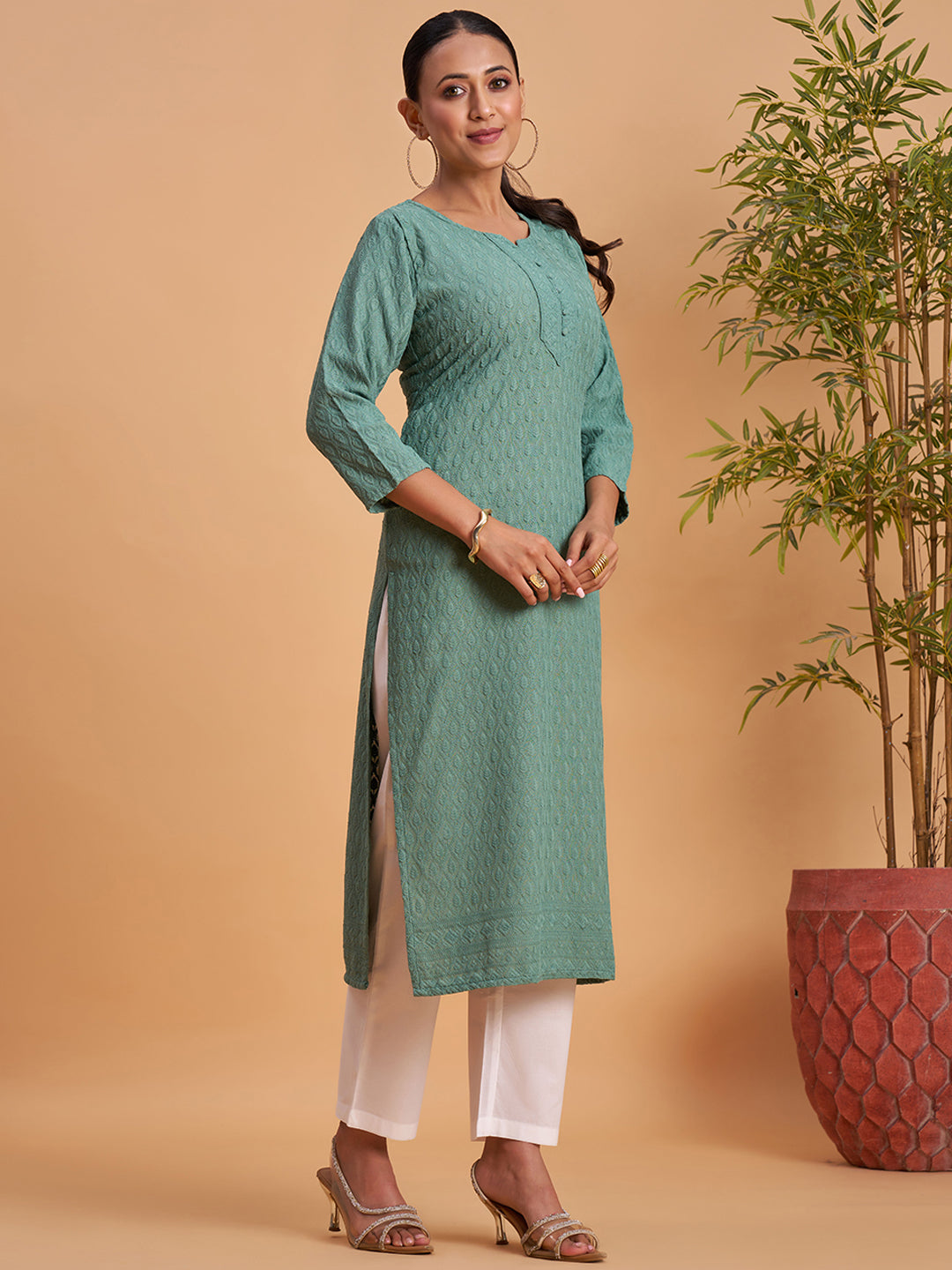 Women's Chikankari Embroidered Ethnic Motif Sequined Kurti