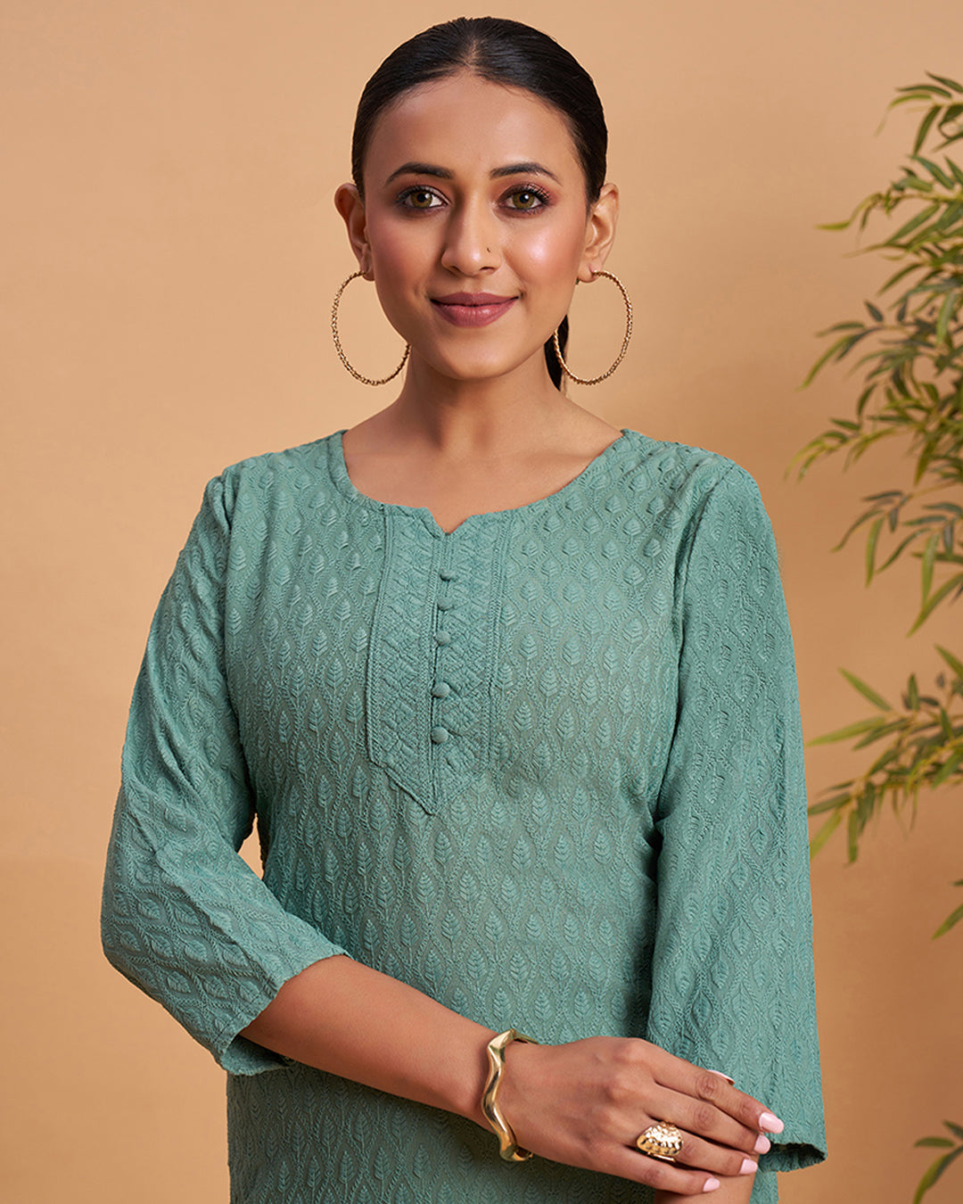 Women's Chikankari Embroidered Ethnic Motif Sequined Kurti