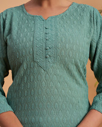 Women's Chikankari Embroidered Ethnic Motif Sequined Kurti