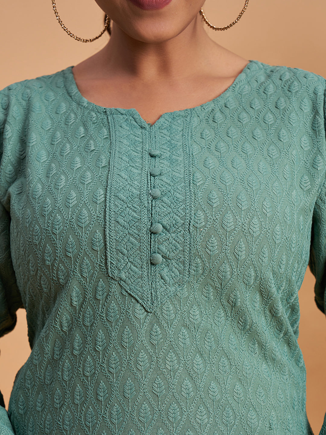Women's Chikankari Embroidered Ethnic Motif Sequined Kurti