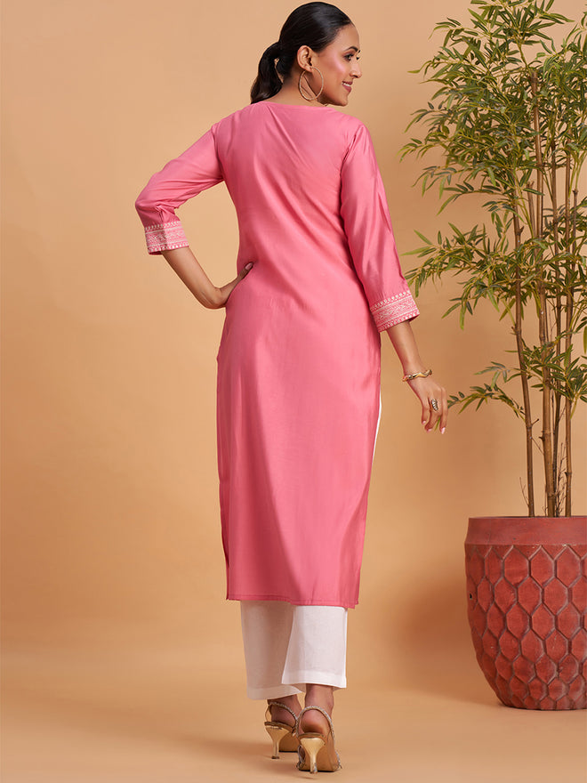 Women’s Elegant Pink Embroidered Straight Kurti