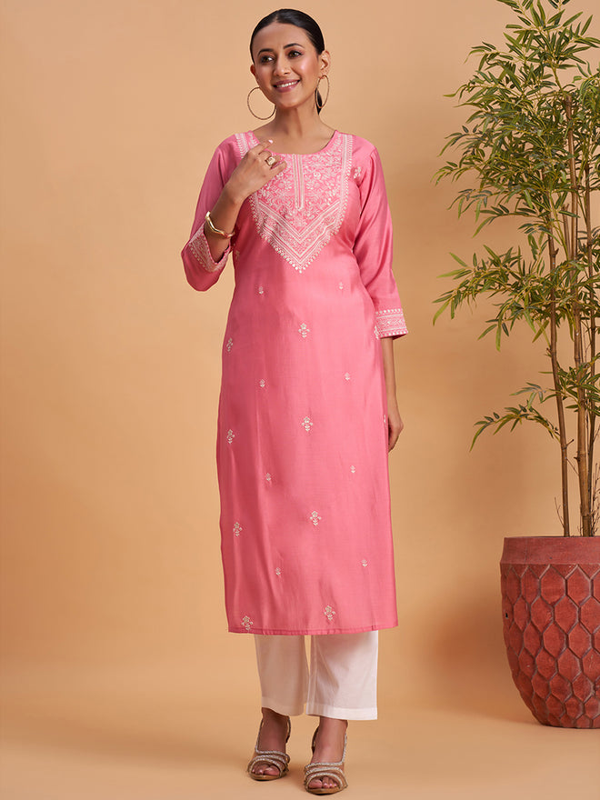 Women’s Elegant Pink Embroidered Straight Kurti