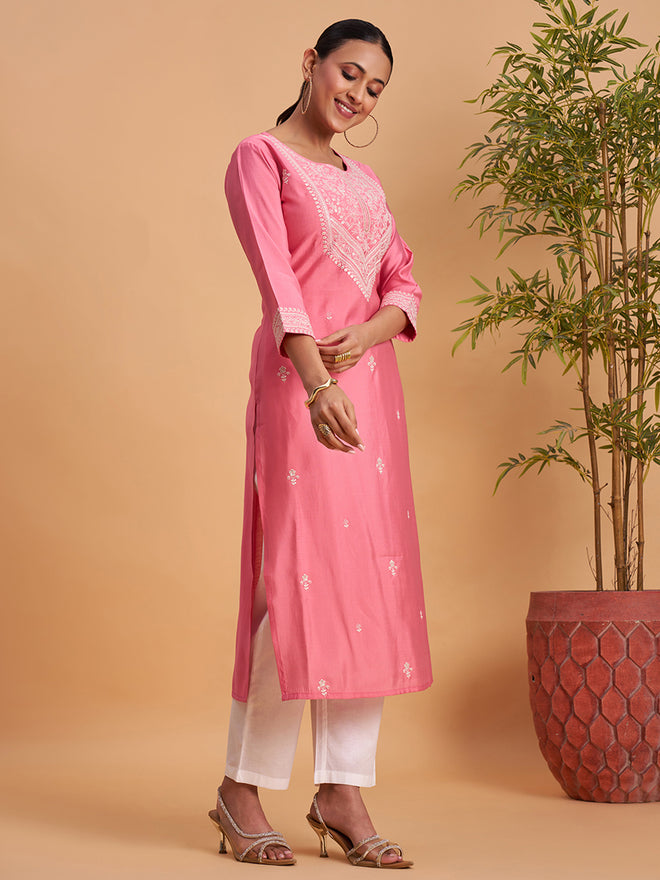 Women’s Elegant Pink Embroidered Straight Kurti