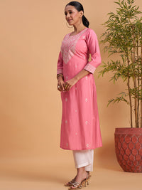 Women’s Elegant Pink Embroidered Straight Kurti