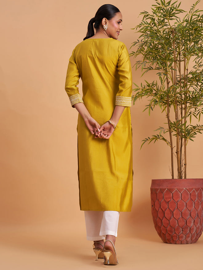 Women’s Elegant Yellow Embroidered Straight Kurti