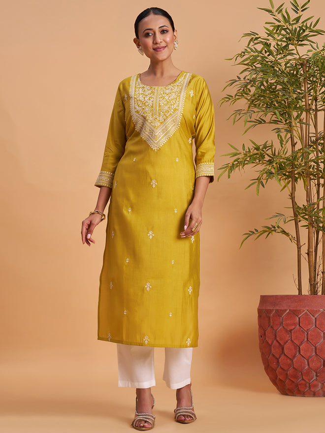 Women’s Elegant Yellow Embroidered Straight Kurti