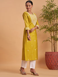 Women’s Elegant Yellow Embroidered Straight Kurti