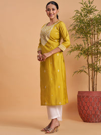 Women’s Elegant Yellow Embroidered Straight Kurti
