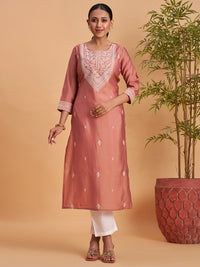 Women’s Elegant Dusty Rose Embroidered Straight Kurti