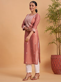 Women’s Elegant Dusty Rose Embroidered Straight Kurti