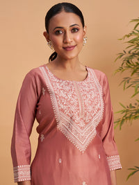 Women’s Elegant Dusty Rose Embroidered Straight Kurti