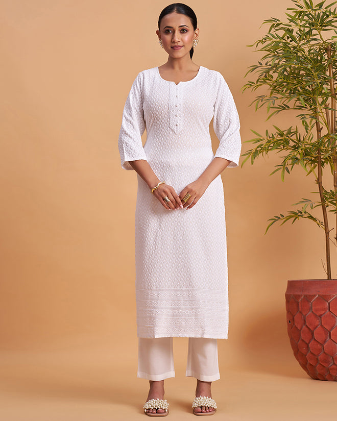 Women's Chikankari Embroidered Ethnic Motif Sequined Kurti