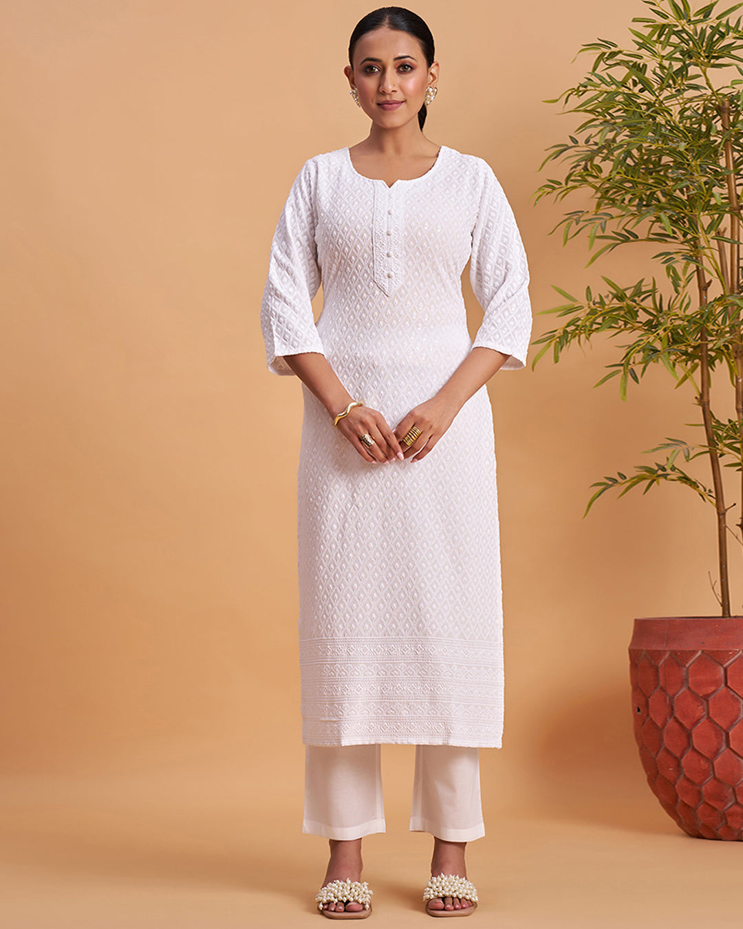 Women's Chikankari Embroidered Ethnic Motif Sequined Kurti