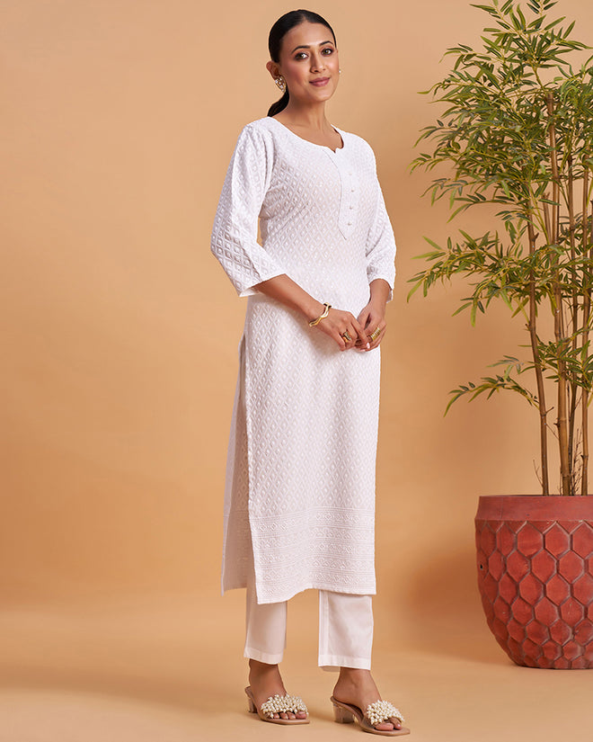 Women's Chikankari Embroidered Ethnic Motif Sequined Kurti