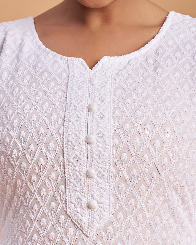 Women's Chikankari Embroidered Ethnic Motif Sequined Kurti