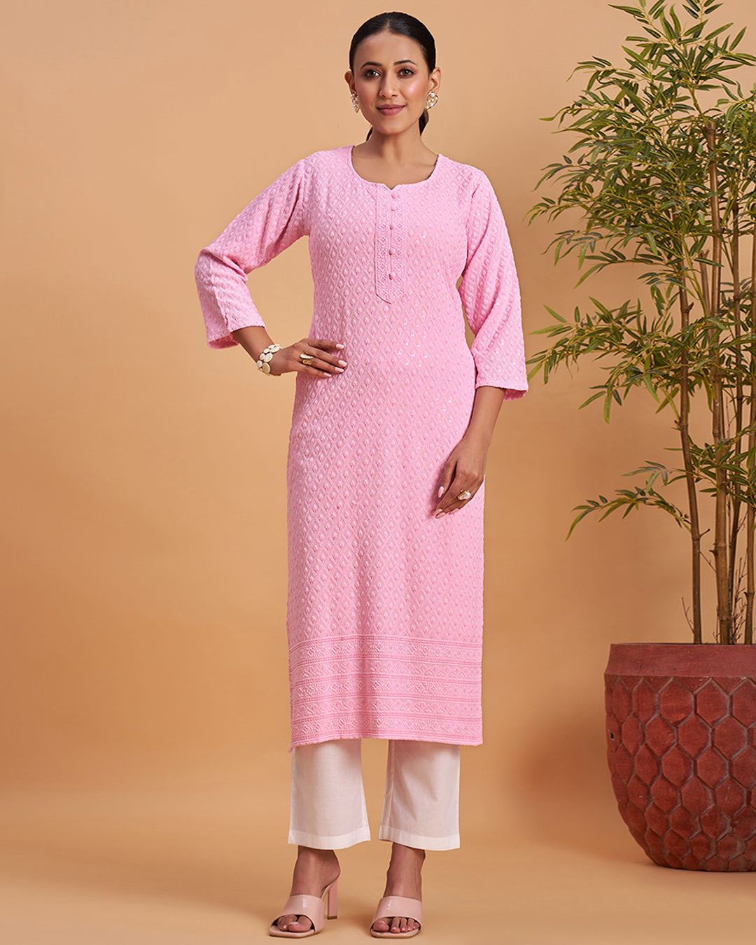 Women's Chikankari Embroidered Ethnic Motif Sequined Kurti