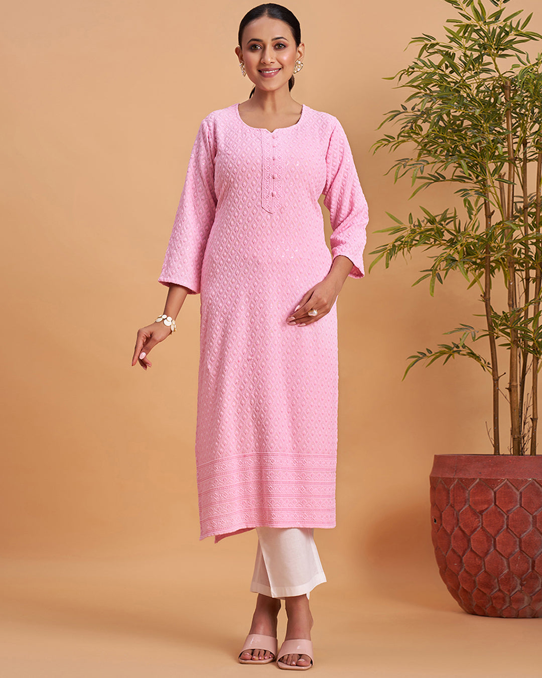 Women's Chikankari Embroidered Ethnic Motif Sequined Kurti