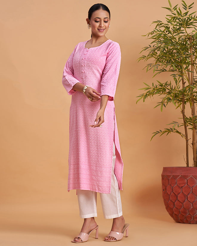 Women's Chikankari Embroidered Ethnic Motif Sequined Kurti