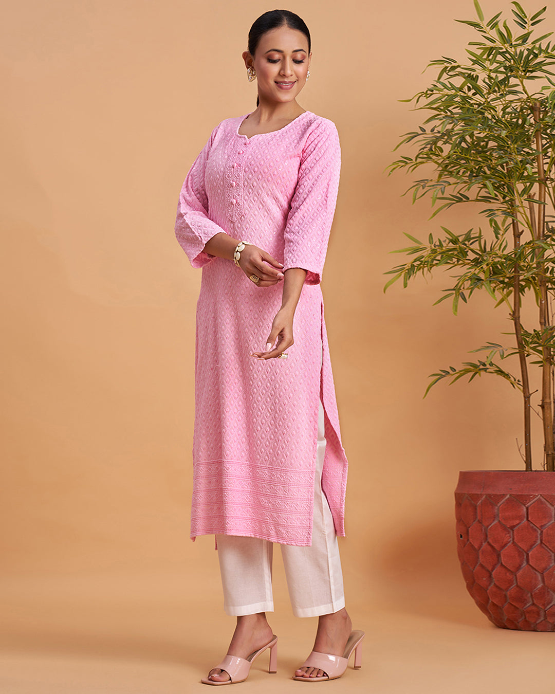 Women's Chikankari Embroidered Ethnic Motif Sequined Kurti