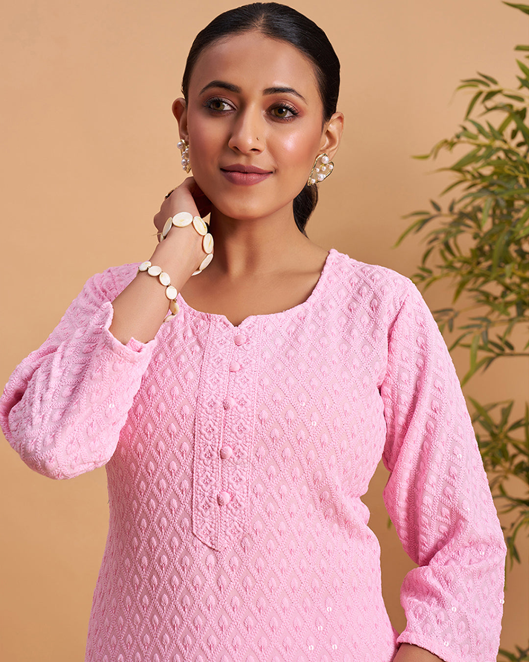 Women's Chikankari Embroidered Ethnic Motif Sequined Kurti