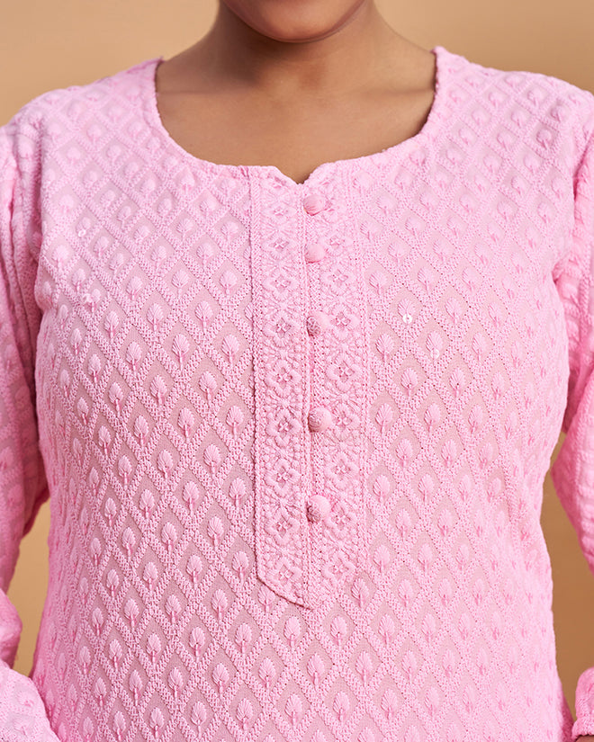 Women's Chikankari Embroidered Ethnic Motif Sequined Kurti