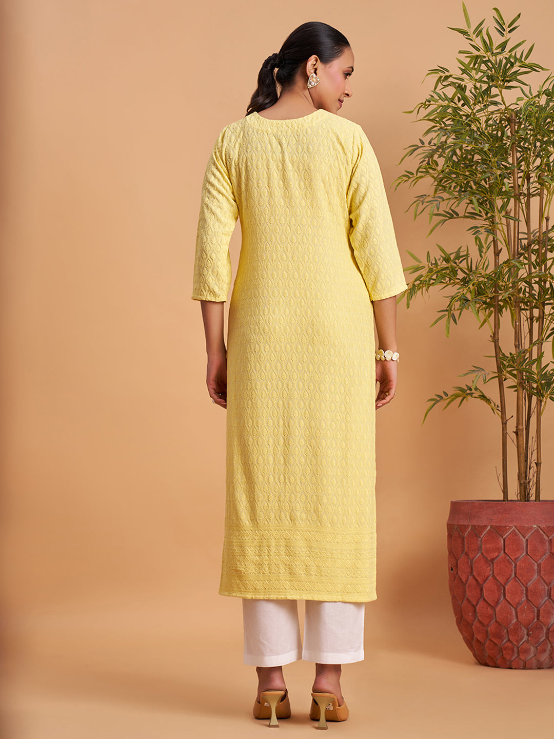 Women's Chikankari Embroidered Ethnic Motif Sequined Kurti