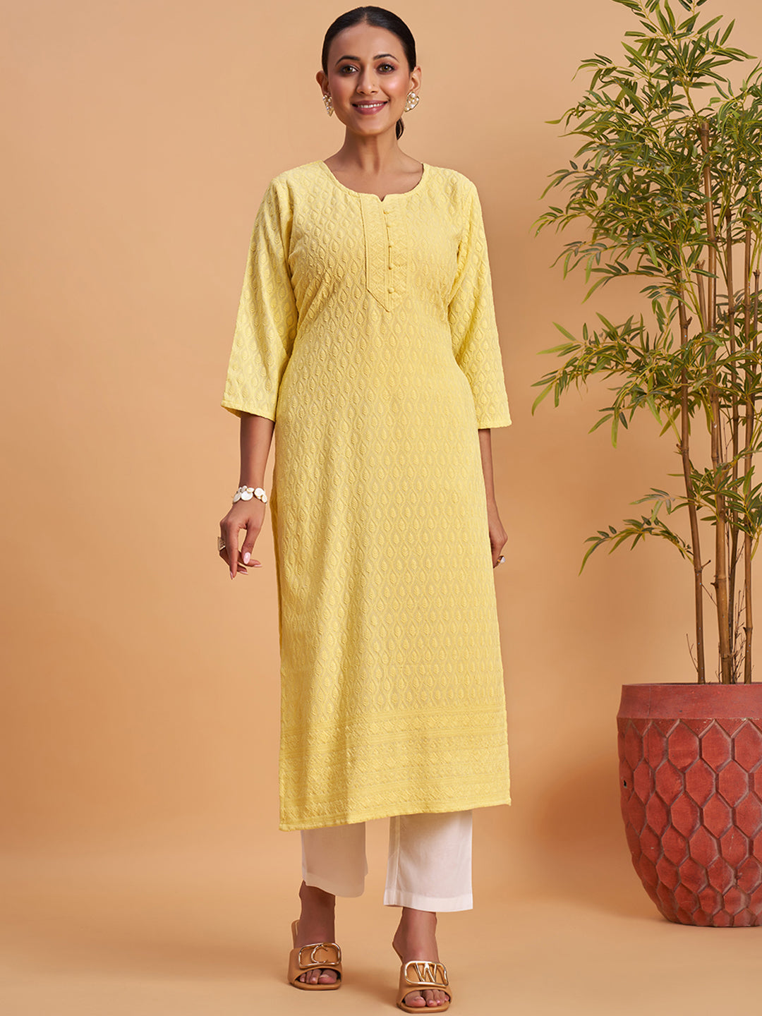 Women's Chikankari Embroidered Ethnic Motif Sequined Kurti