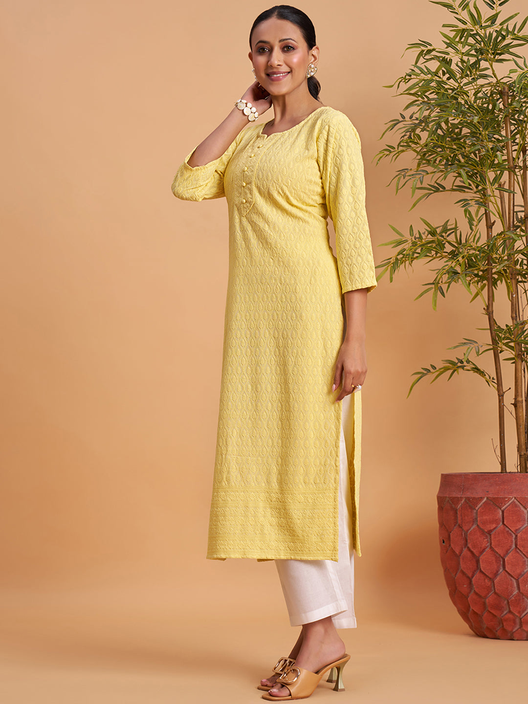 Women's Chikankari Embroidered Ethnic Motif Sequined Kurti