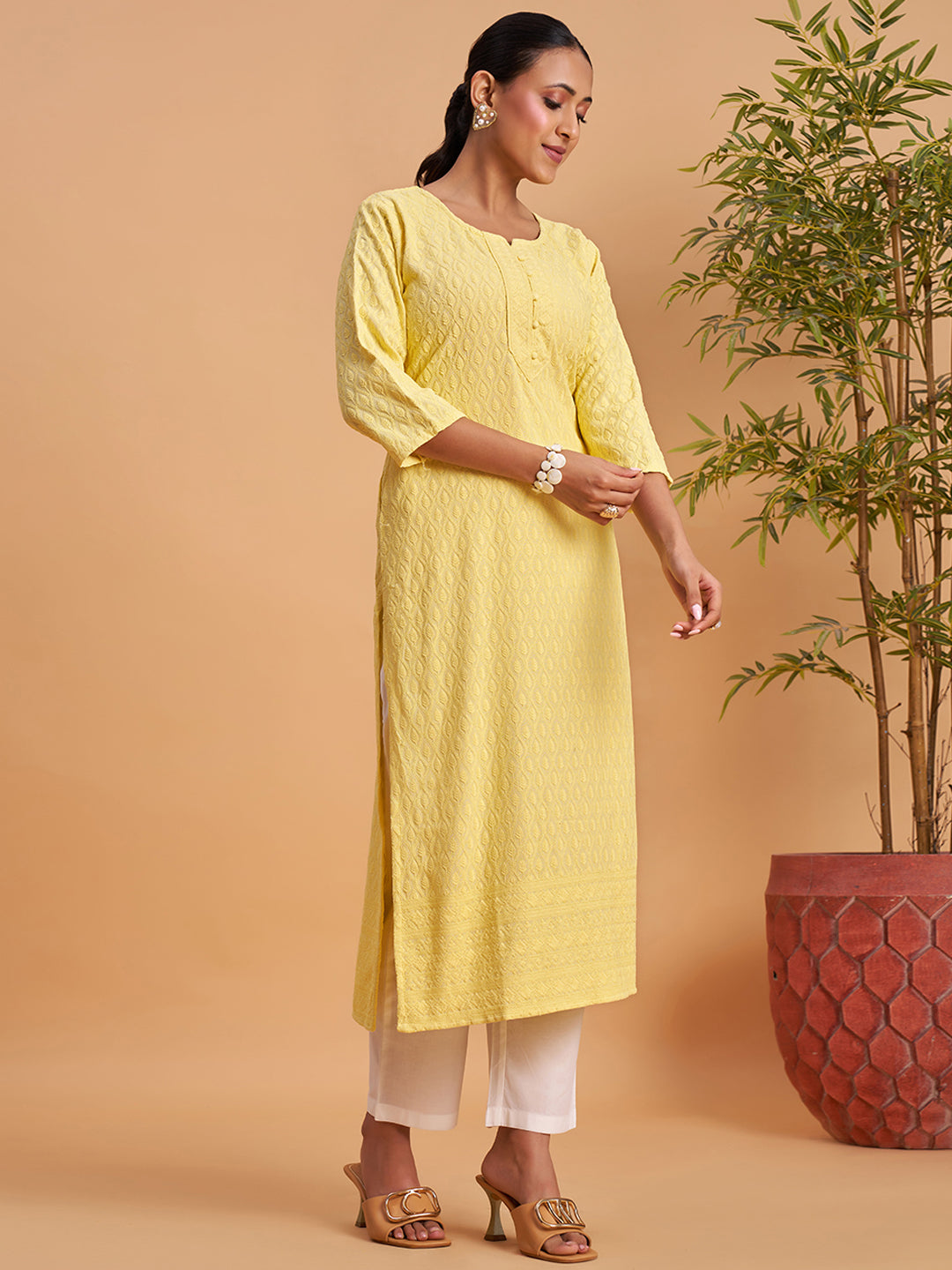 Women's Chikankari Embroidered Ethnic Motif Sequined Kurti