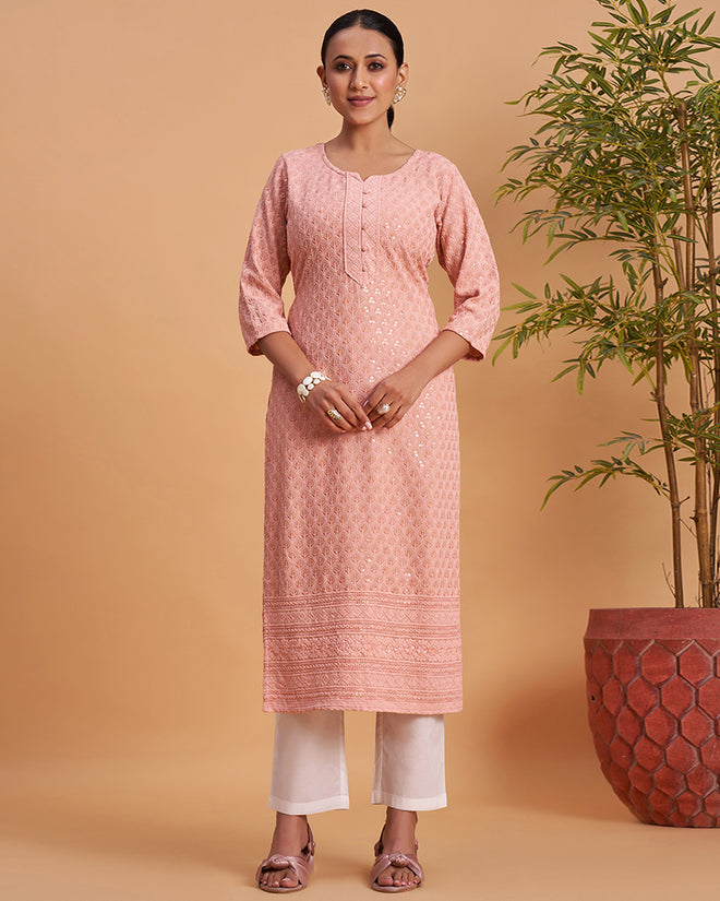 Women's Chikankari Embroidered Ethnic Motif Sequined Kurti