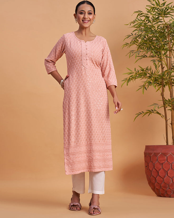 Women's Chikankari Embroidered Ethnic Motif Sequined Kurti
