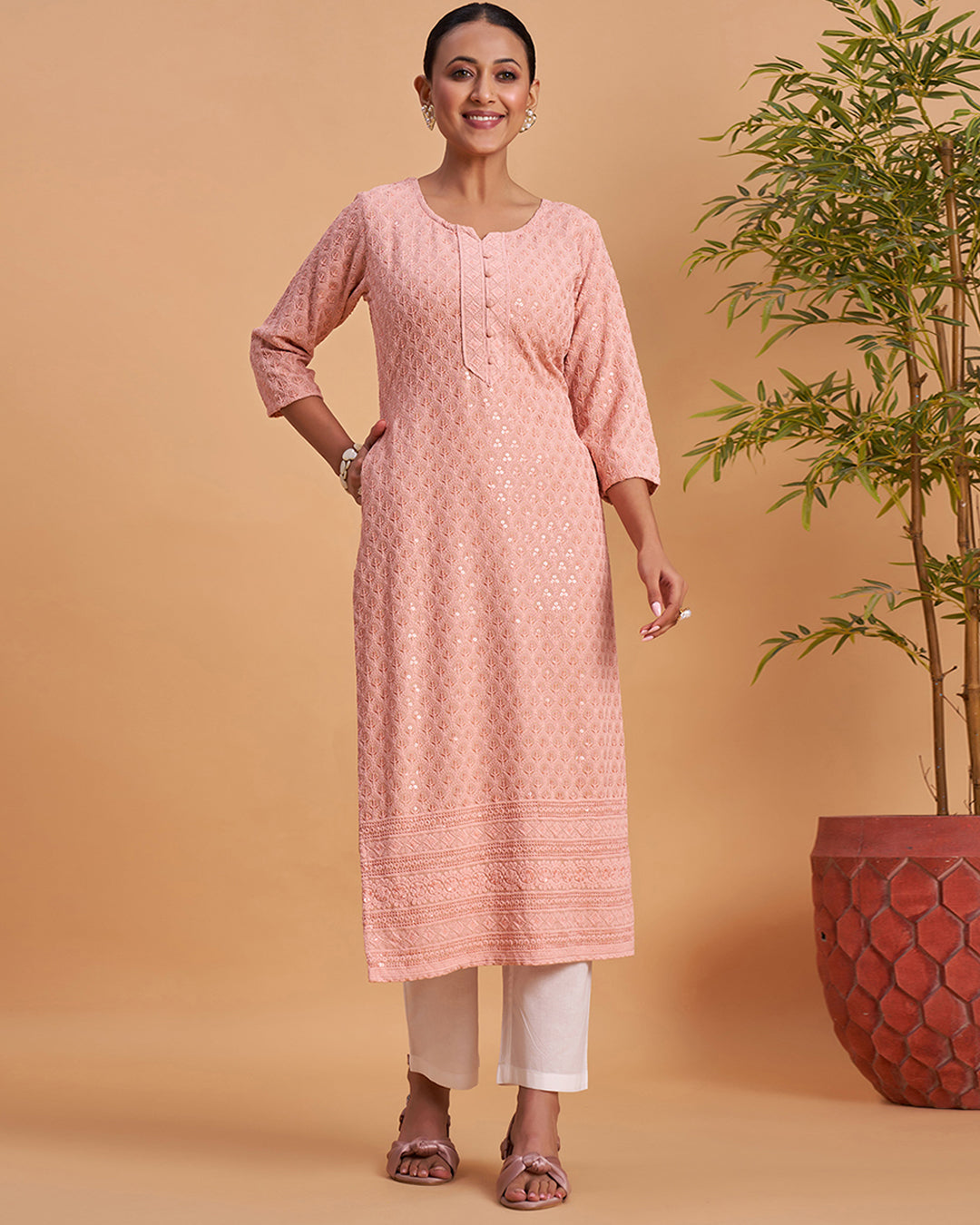Women's Chikankari Embroidered Ethnic Motif Sequined Kurti