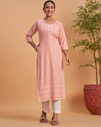 Women's Chikankari Embroidered Ethnic Motif Sequined Kurti