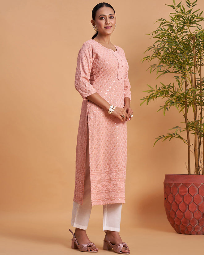 Women's Chikankari Embroidered Ethnic Motif Sequined Kurti
