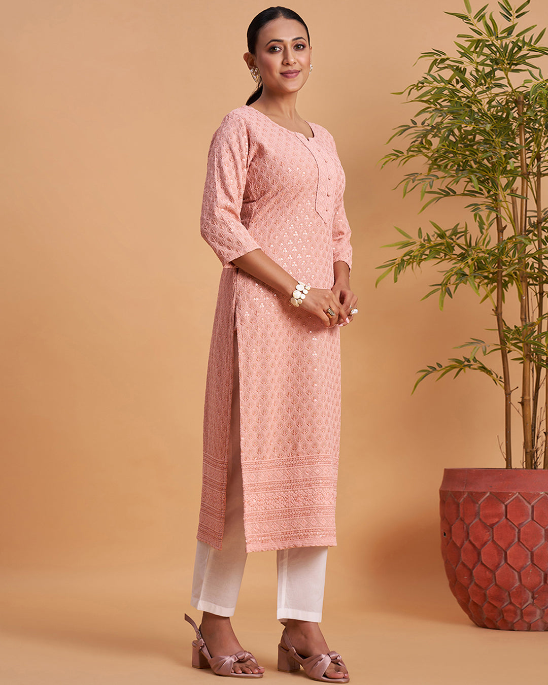 Women's Chikankari Embroidered Ethnic Motif Sequined Kurti