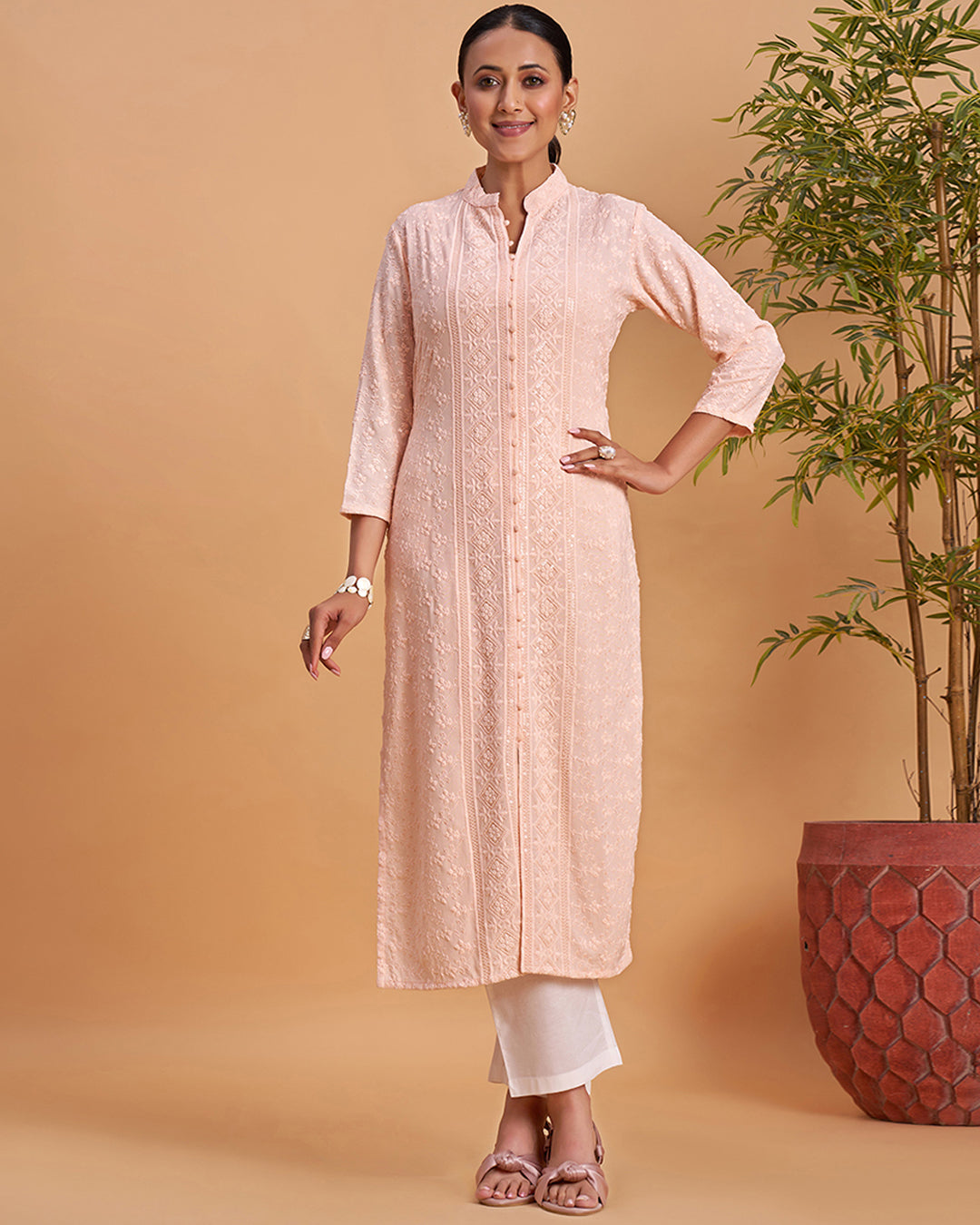 Women's Chikankari Embroidered Ethnic Motif Sequined Kurti