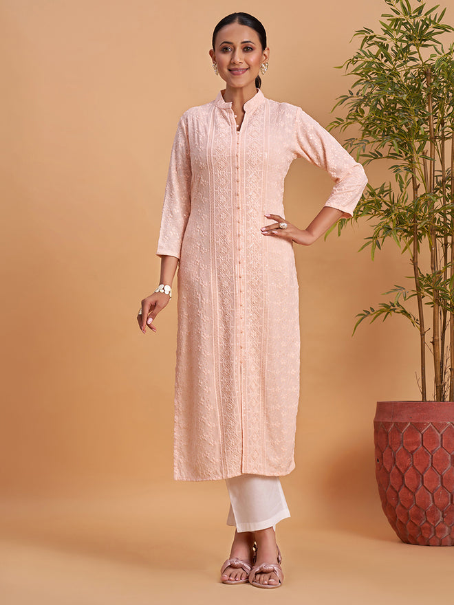 Women's Chikankari Embroidered Ethnic Motif Sequined Kurti