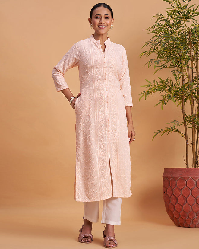 Women's Chikankari Embroidered Ethnic Motif Sequined Kurti