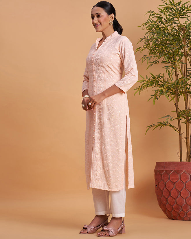 Women's Chikankari Embroidered Ethnic Motif Sequined Kurti