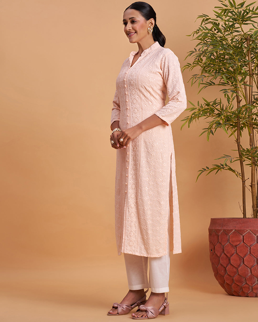 Women's Chikankari Embroidered Ethnic Motif Sequined Kurti