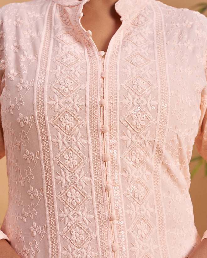 Women's Chikankari Embroidered Ethnic Motif Sequined Kurti