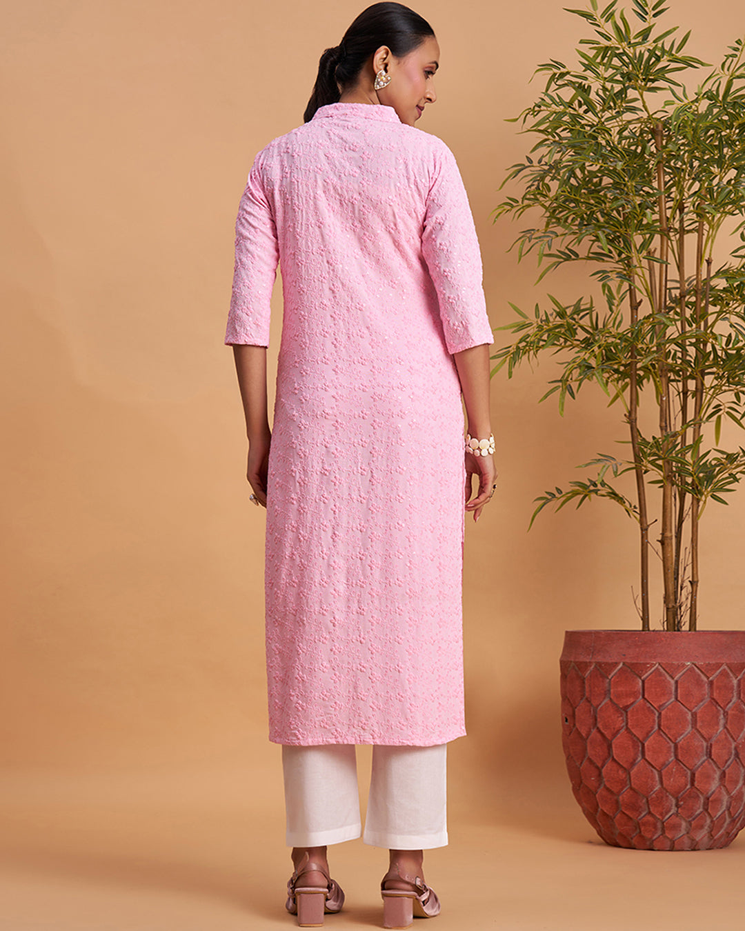 Women's Chikankari Embroidered Ethnic Motif Sequined Kurti