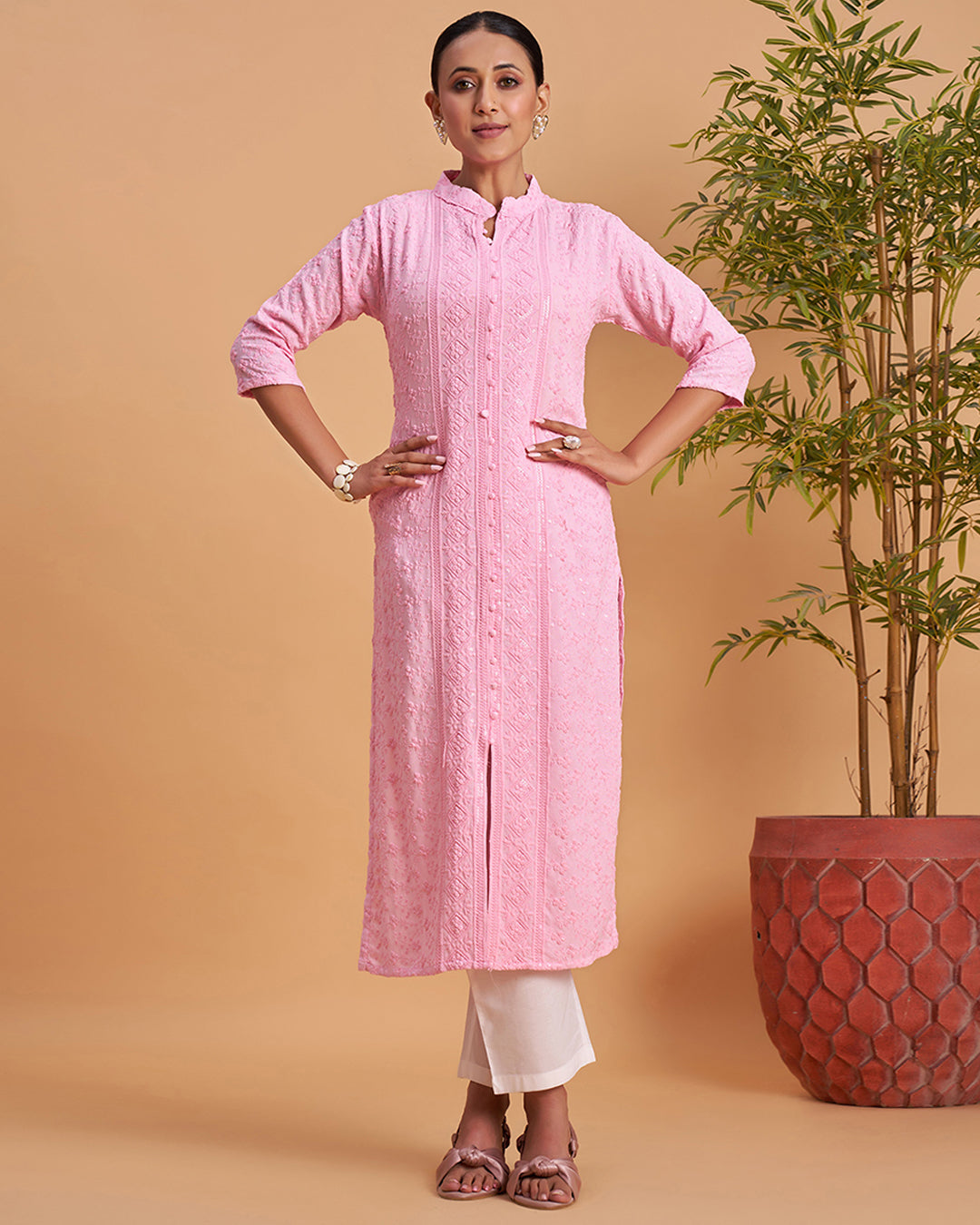 Women's Chikankari Embroidered Ethnic Motif Sequined Kurti
