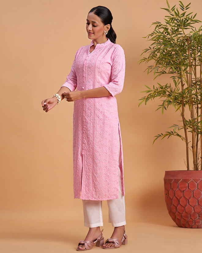 Women's Chikankari Embroidered Ethnic Motif Sequined Kurti