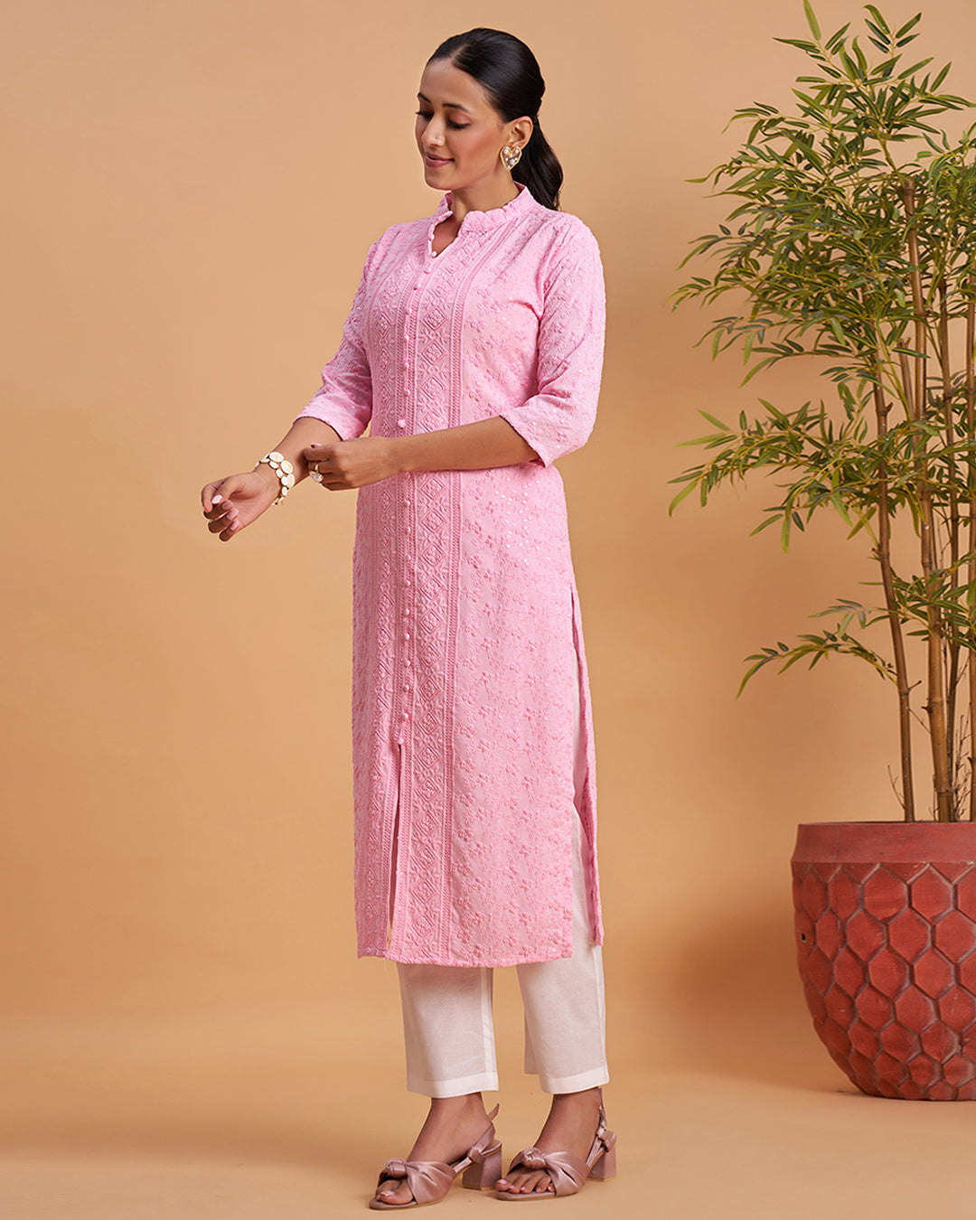 Women's Chikankari Embroidered Ethnic Motif Sequined Kurti