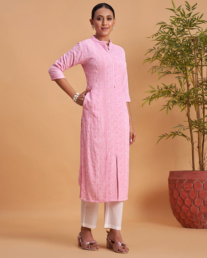 Women's Chikankari Embroidered Ethnic Motif Sequined Kurti