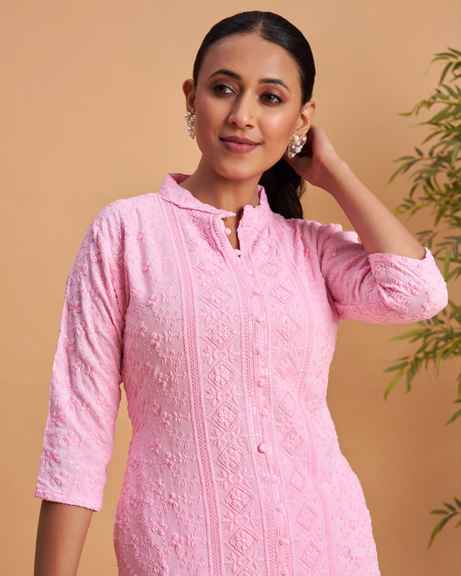 Women's Chikankari Embroidered Ethnic Motif Sequined Kurti