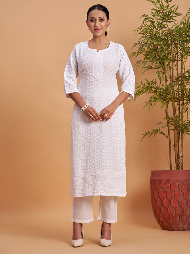 Women's Chikankari Embroidered Ethnic Motif Sequined Kurti
