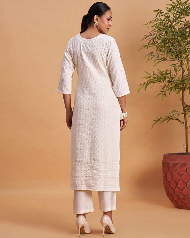 Women's Chikankari Embroidered Ethnic Motif Sequined Kurti