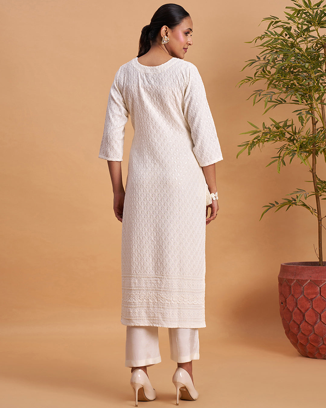 Women's Chikankari Embroidered Ethnic Motif Sequined Kurti